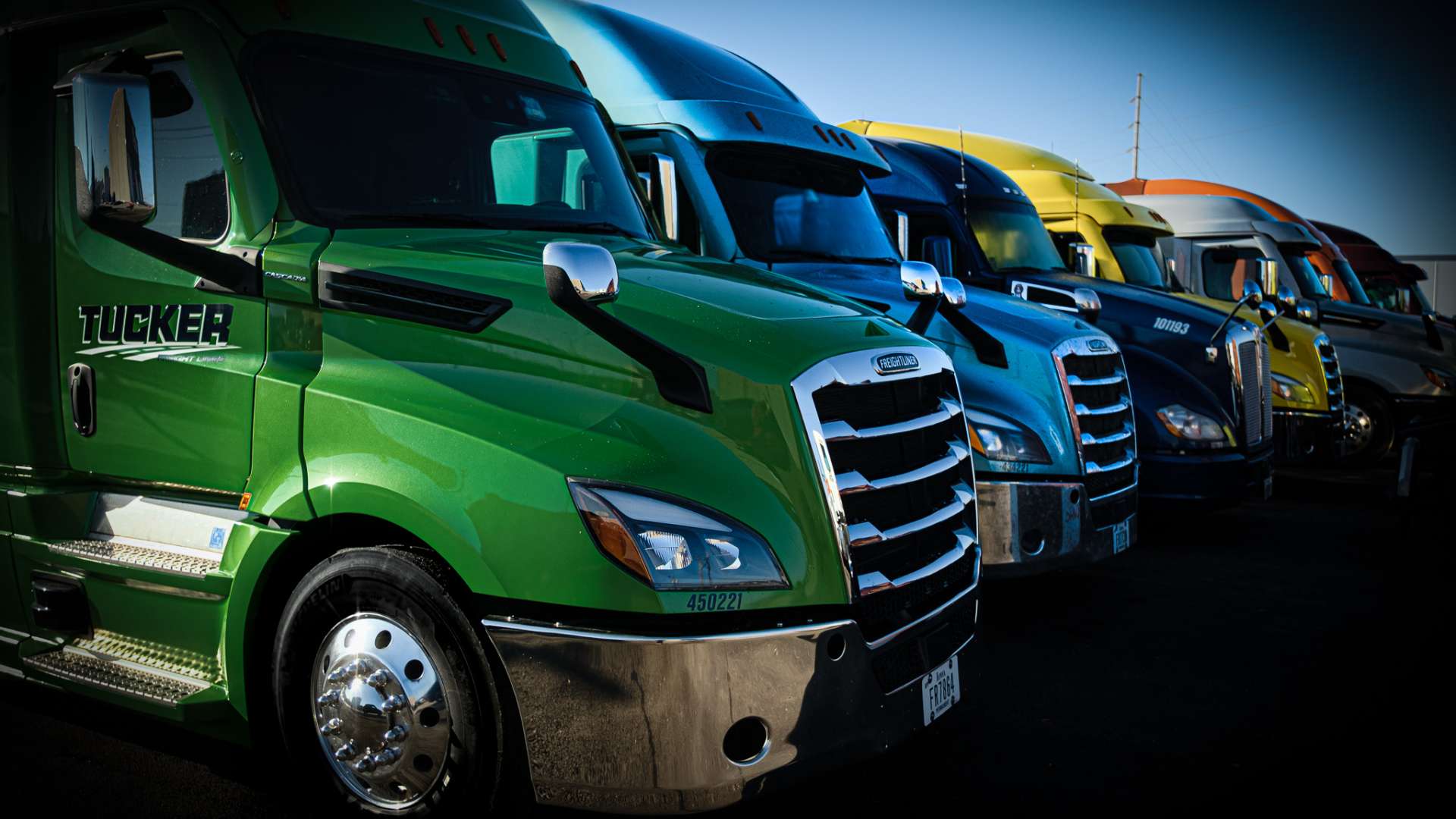 glamour shot of Tucker Freight Lines trucks in a line